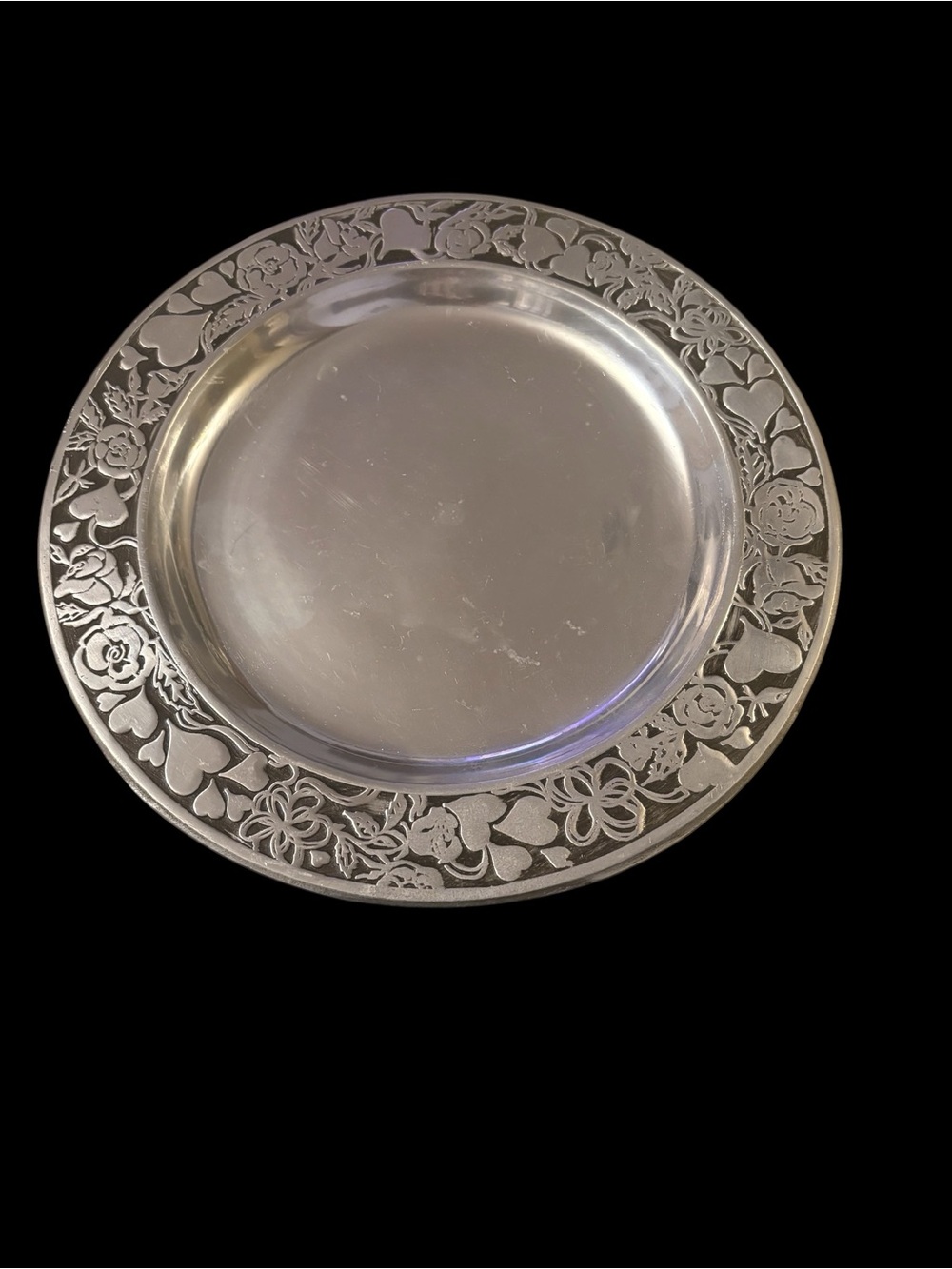 Vintage Pewtarex Floral & Heart Border Pewter Plate York PA